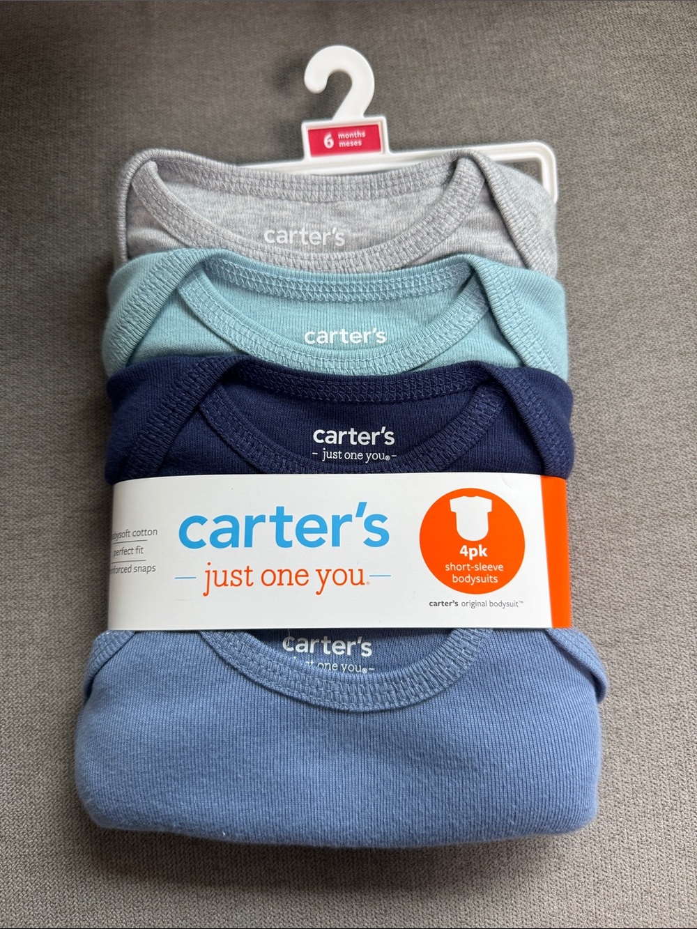 Brand 🆕 Carter's 4-Pack Short-Sleeve Bodysuits in Light Blue, Navy, Aqua, Gray